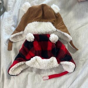 Old Navy and Target Red Plaid and Brown Sherpa Lined Hats with Pom Pom bear ears